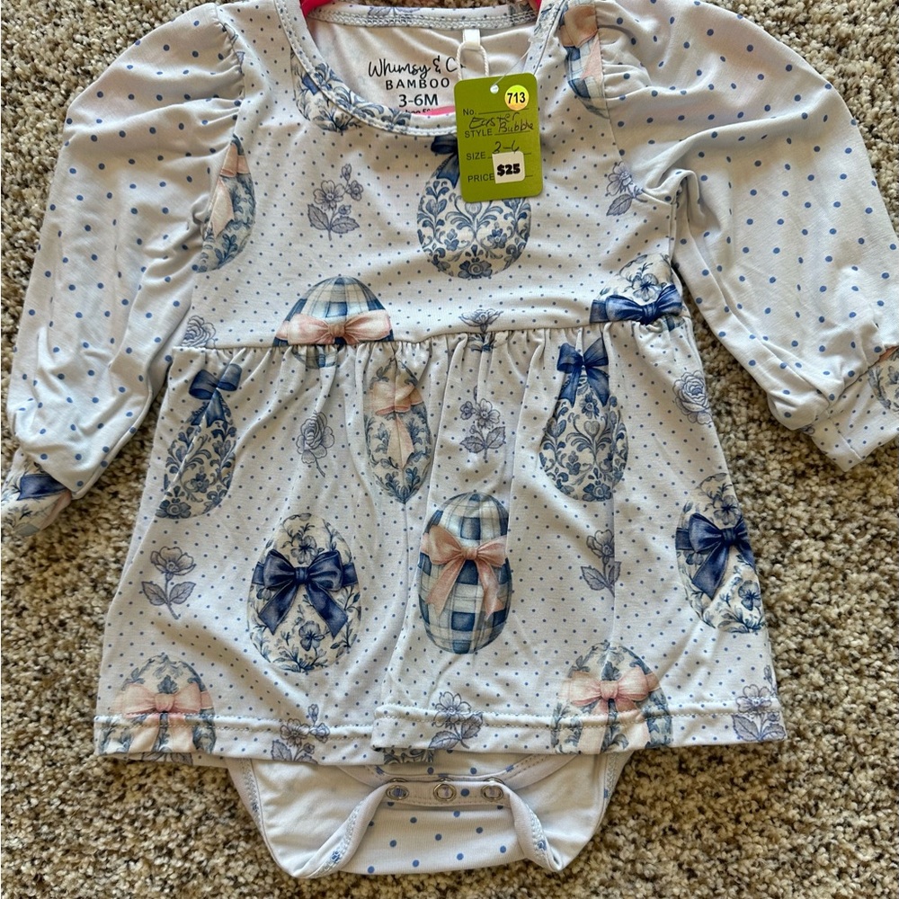 Whimsy & Co Bamboo 3-6M Polka Dot Egg Print Baby Dress Bodysuit - Blue & Pink